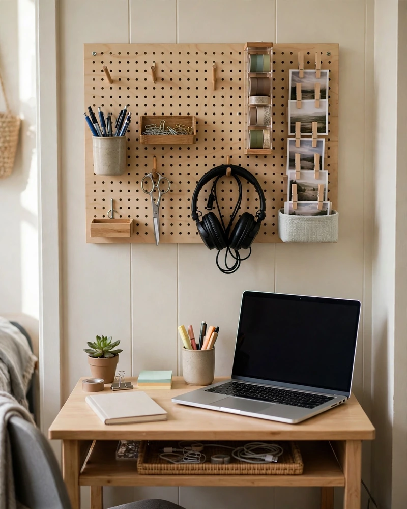 Build a Pegboard Wall Station Above Your Desk - 14 Small Dorm Desk Ideas for a Stylish Study Space