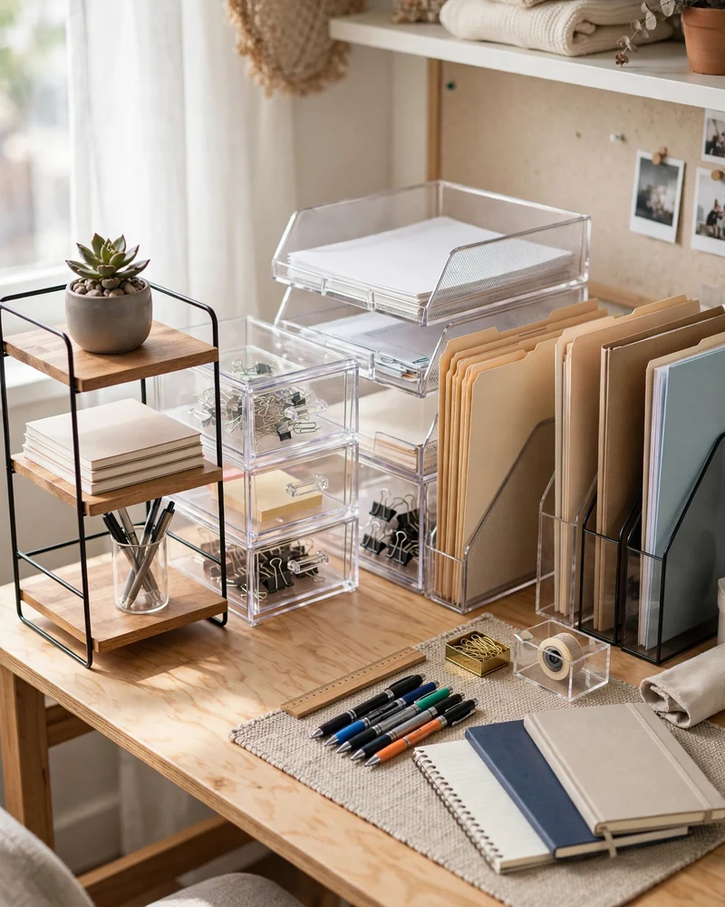 Build Up With a Tiered Desk Organizer - 14 Small Dorm Desk Ideas for a Stylish Study Space