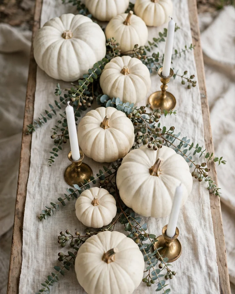 All-White Pumpkin Centerpiece for a Soft Neutral Table - 17 Thanksgiving Centerpiece Ideas for a Stunning Holiday Table