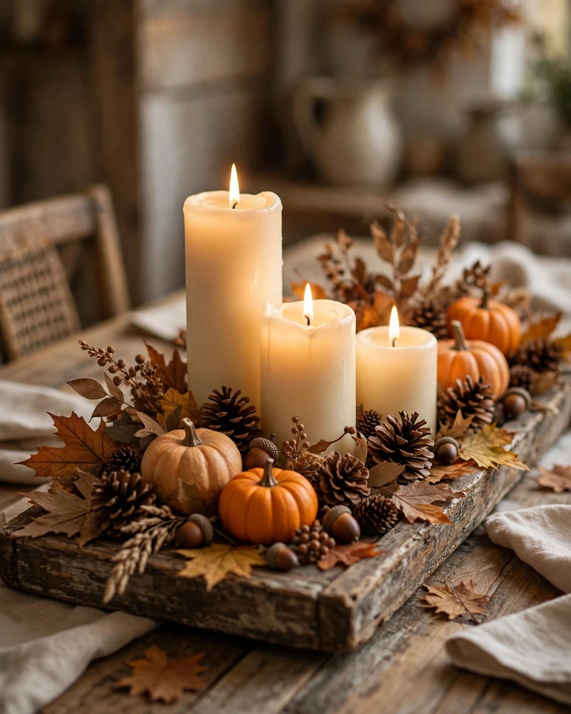 Candle Tray Centerpiece With Pillars, Pinecones and Acorns - 17 Thanksgiving Centerpiece Ideas for a Stunning Holiday Table