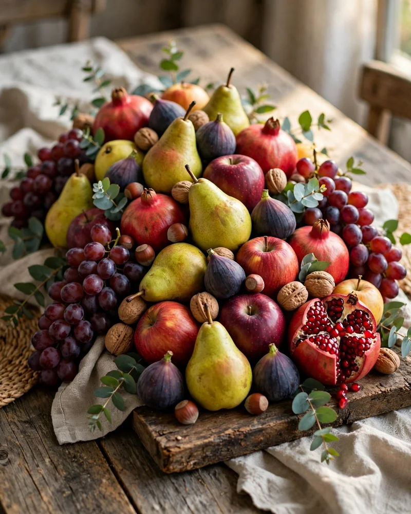 Edible Harvest Centerpiece of Pears, Figs and Grapes - 17 Thanksgiving Centerpiece Ideas for a Stunning Holiday Table