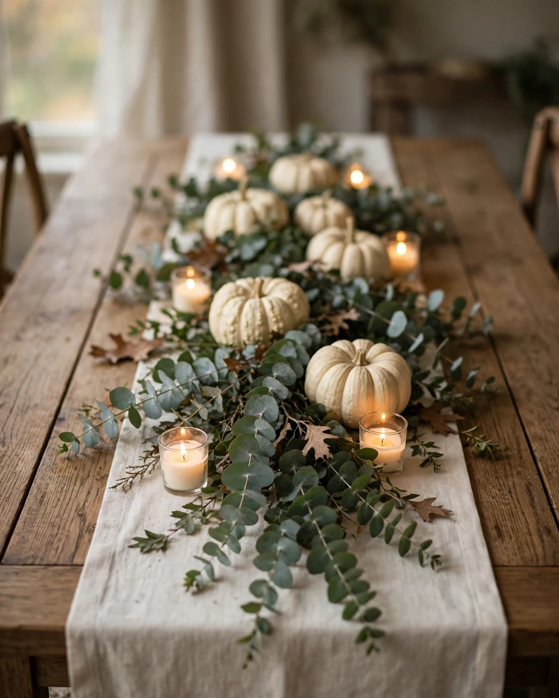 Eucalyptus Runner Thanksgiving Centerpiece With White Pumpkins and Votives - 17 Thanksgiving Centerpiece Ideas for a Stunning Holiday Table
