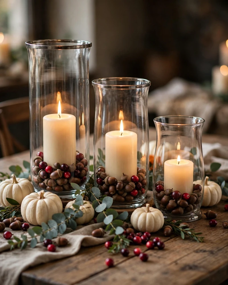 Hurricane Glass Candle Centerpiece With Acorns and Cranberries - 17 Thanksgiving Centerpiece Ideas for a Stunning Holiday Table