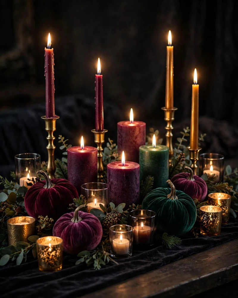 Jewel-Tone Candle Cluster Centerpiece - 17 Thanksgiving Centerpiece Ideas for a Stunning Holiday Table