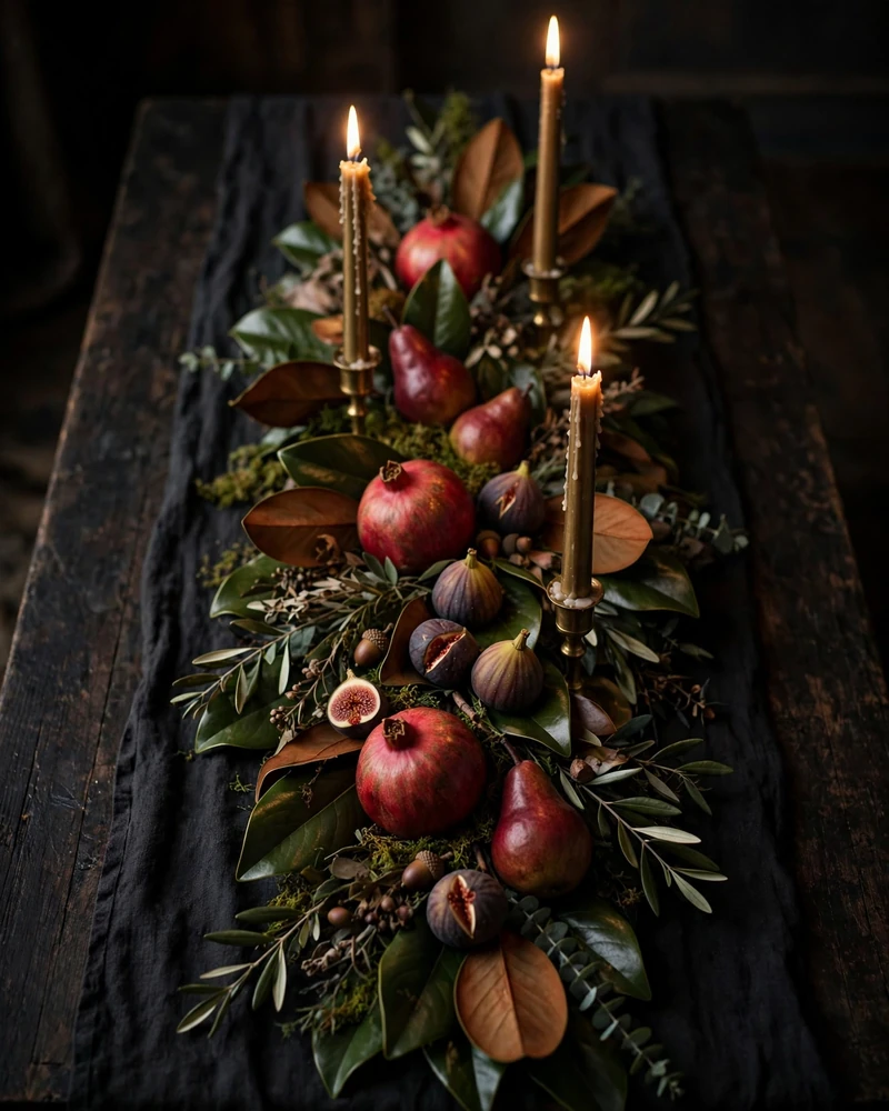 Magnolia Leaf and Pomegranate Centerpiece With Tall Tapers - 17 Thanksgiving Centerpiece Ideas for a Stunning Holiday Table