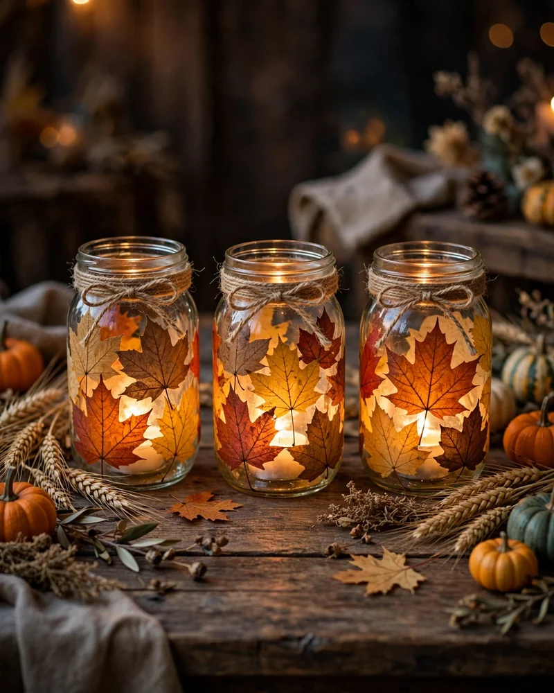 Pressed-Leaf Mason Jar Lantern Centerpiece - 17 Thanksgiving Centerpiece Ideas for a Stunning Holiday Table