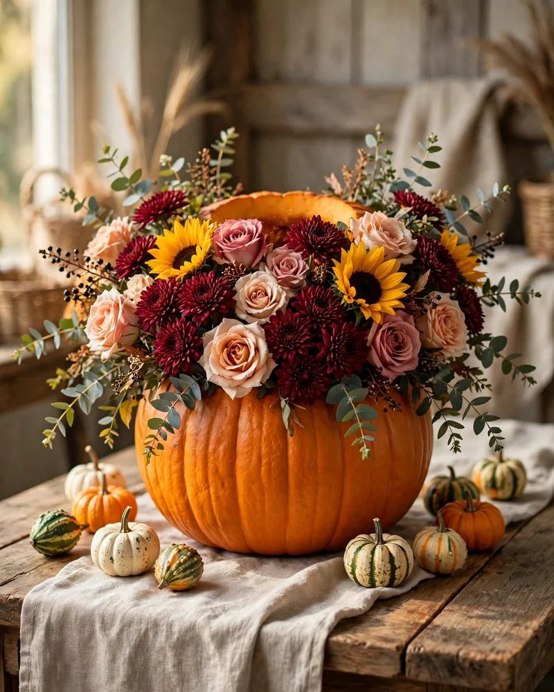 Floral Pumpkin Vase Centerpiece With Fresh Flowers - 17 Thanksgiving Centerpiece Ideas for a Stunning Holiday Table