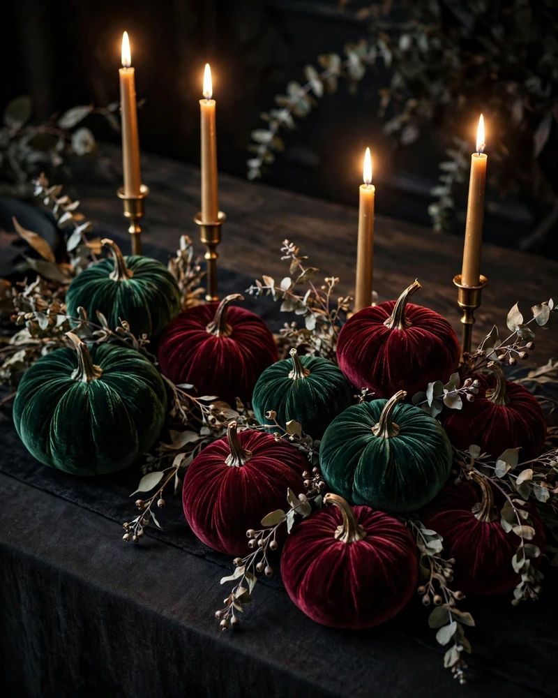 Emerald and Burgundy Velvet Pumpkin Centerpiece - 17 Thanksgiving Centerpiece Ideas for a Stunning Holiday Table