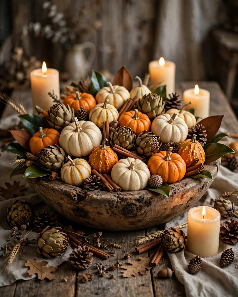 Wooden Dough Bowl Centerpiece of Gourds and Dried Artichokes - 17 Thanksgiving Centerpiece Ideas for a Stunning Holiday Table