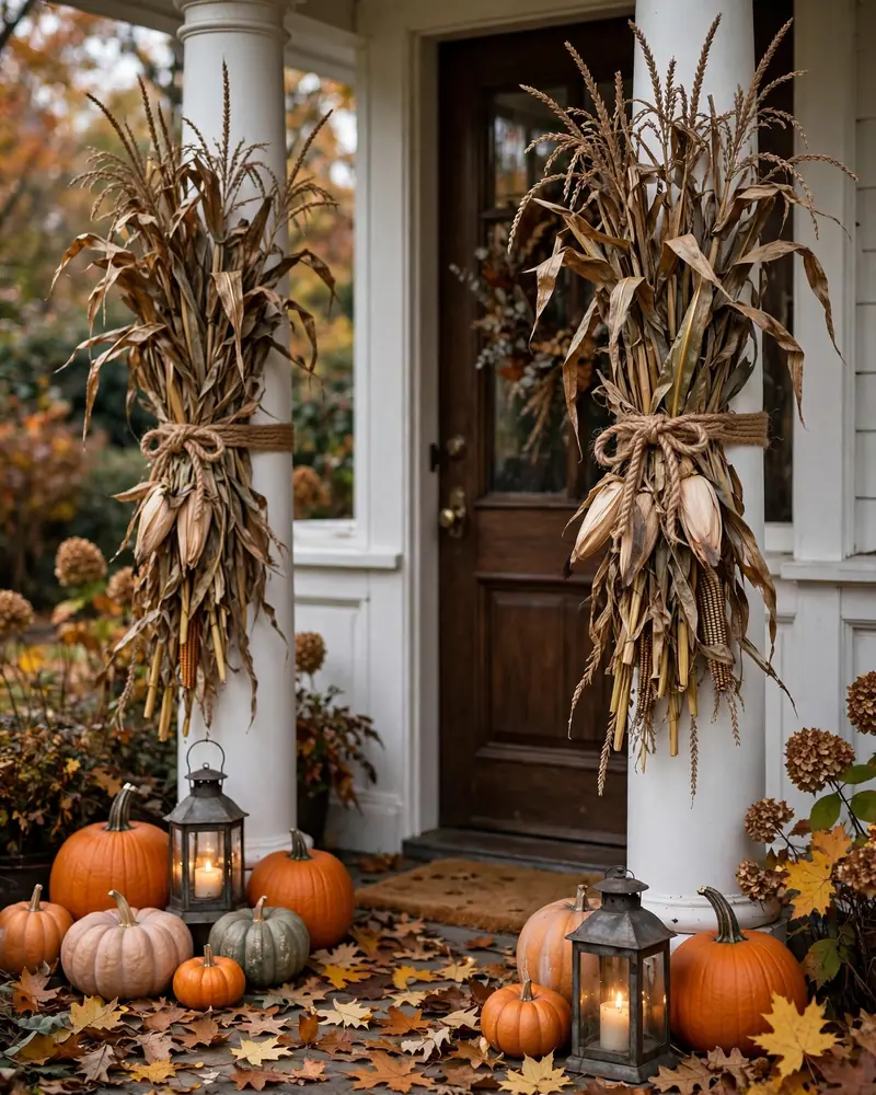 Tie Cornstalks to the Columns - 14 Thanksgiving Porch Decor Ideas for a Welcoming Fall Entry