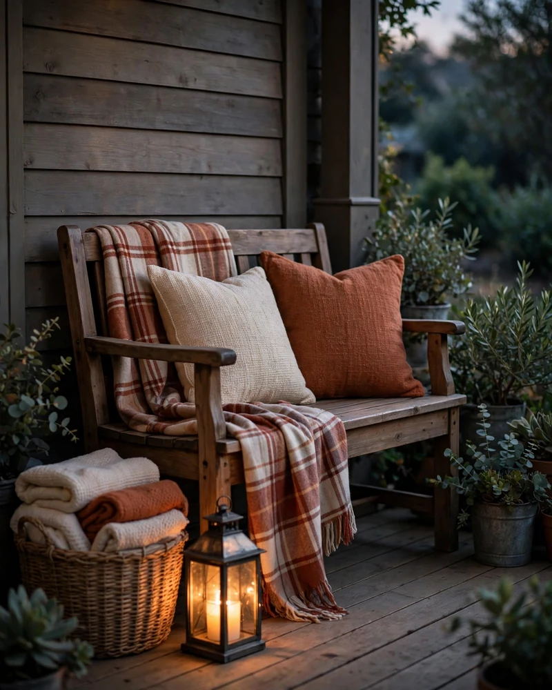 Style a Cozy Bench Nook With Throws - 14 Thanksgiving Porch Decor Ideas for a Welcoming Fall Entry
