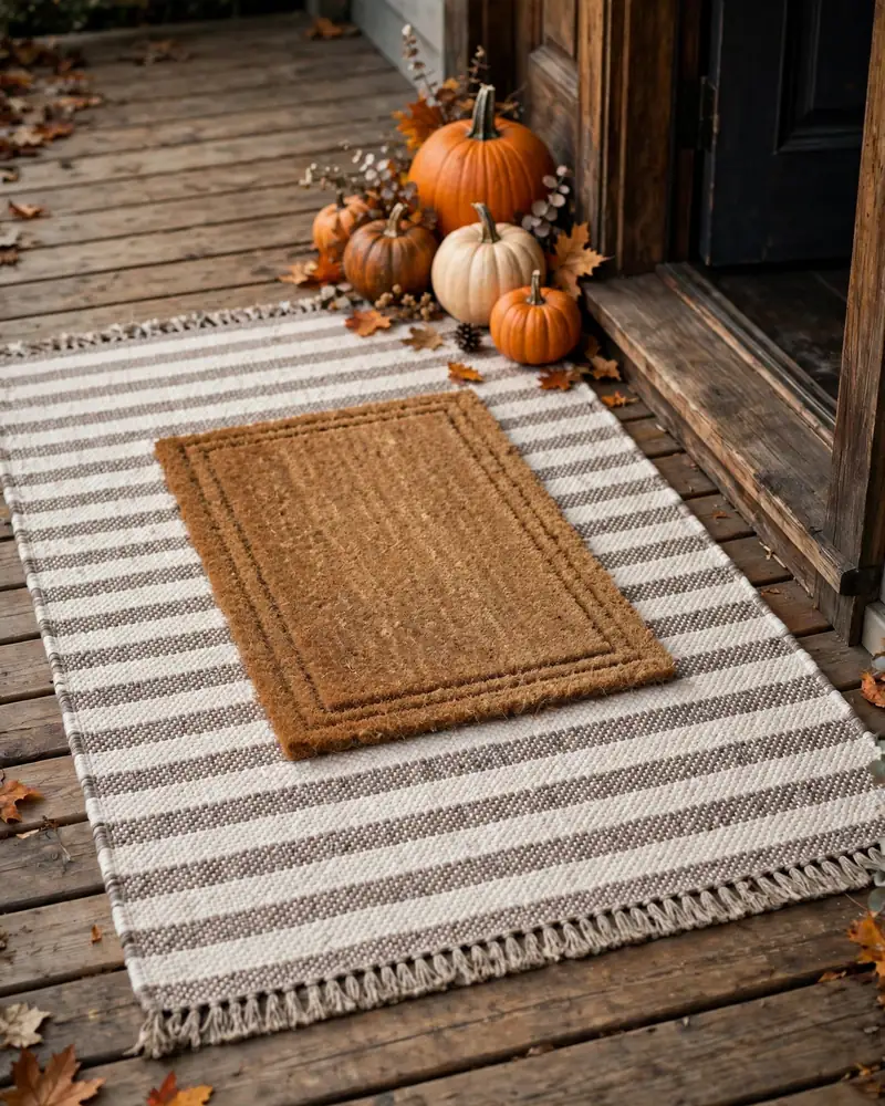Layer a Doormat Over a Woven Outdoor Rug - 14 Thanksgiving Porch Decor Ideas for a Welcoming Fall Entry