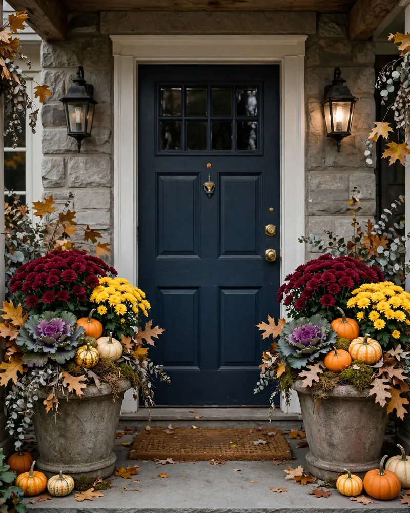 Flank the Door With Mums and Ornamental Kale - 14 Thanksgiving Porch Decor Ideas for a Welcoming Fall Entry