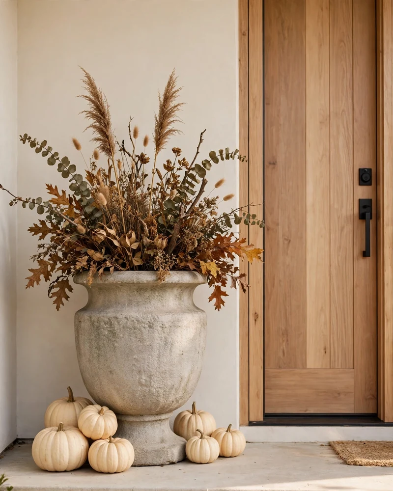Choose One Statement Urn Instead of Clutter - 14 Thanksgiving Porch Decor Ideas for a Welcoming Fall Entry