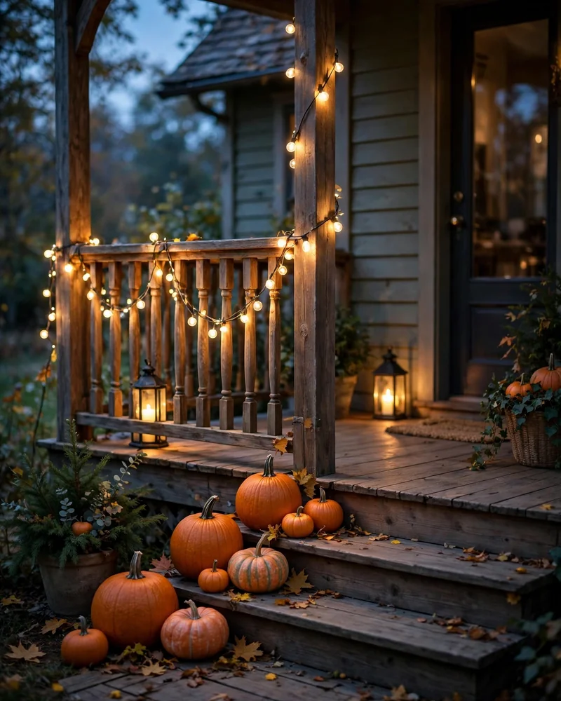 String Warm-White Lights Along the Railing - 14 Thanksgiving Porch Decor Ideas for a Welcoming Fall Entry