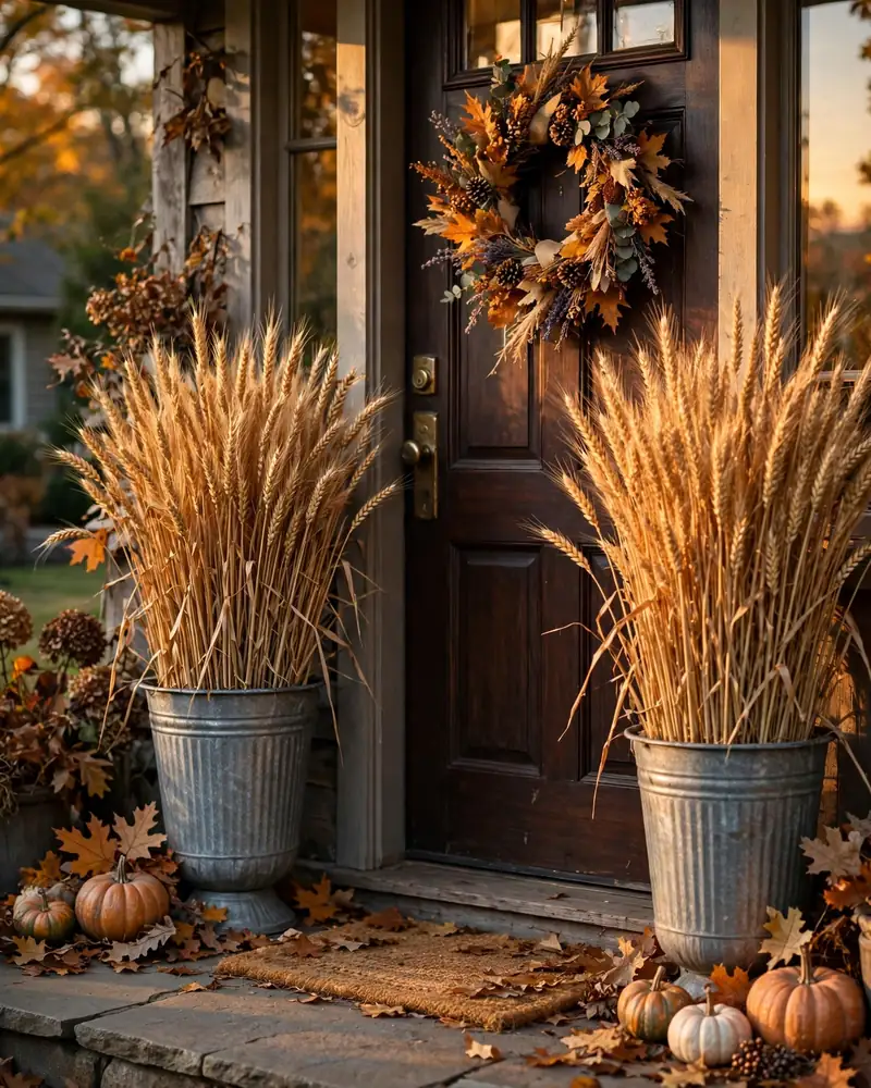 Stand Wheat Sheaves in Tall Urns - 14 Thanksgiving Porch Decor Ideas for a Welcoming Fall Entry