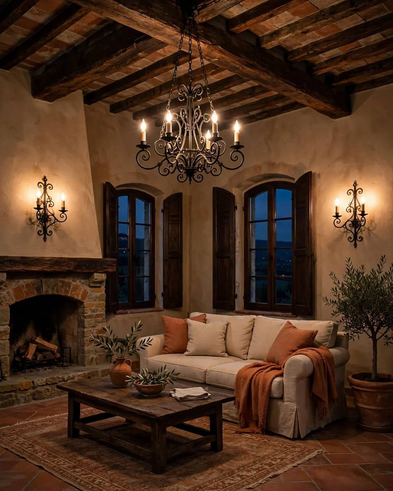 Wrought Iron Lighting Accents - 14 Tuscan Living Room Ideas for Warm Timeless Style