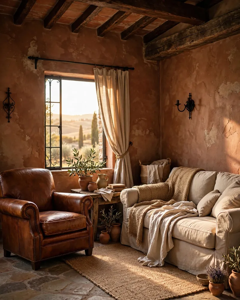 Rich Leather and Natural Linen - 14 Tuscan Living Room Ideas for Warm Timeless Style