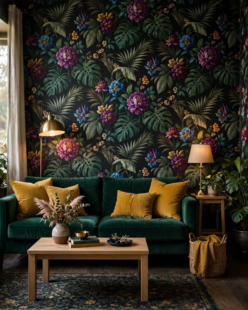 Botanical Maximalist Wallpaper - 24 Vibrant Living Room Ideas That Stay Fresh for Years