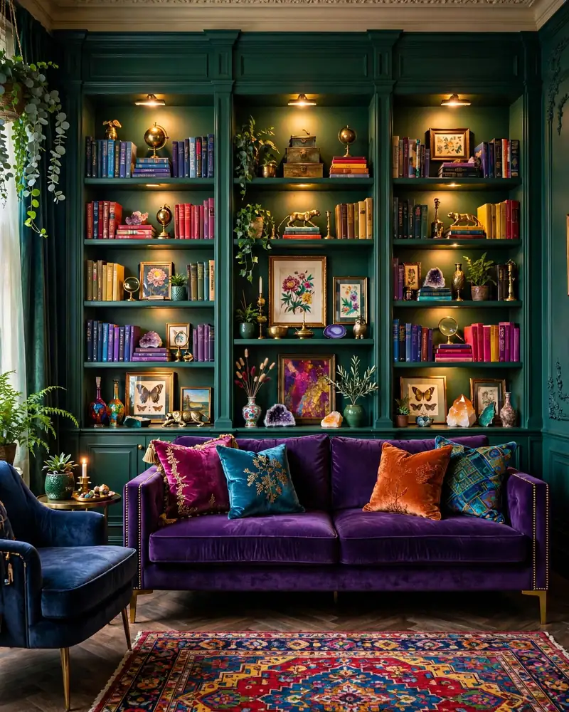 Colorful Built-In Bookshelves - 24 Vibrant Living Room Ideas That Stay Fresh for Years