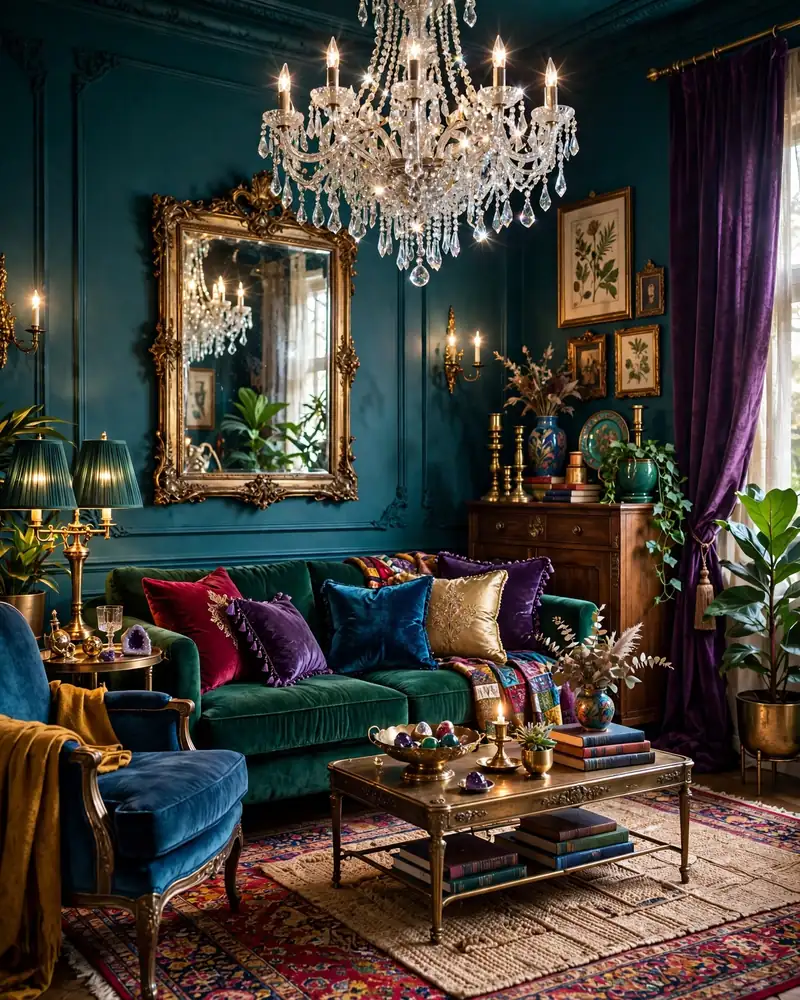 Dramatic Crystal Chandelier - 24 Vibrant Living Room Ideas That Stay Fresh for Years