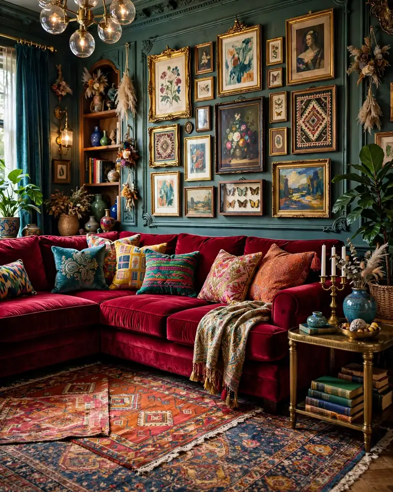 Jewel-Toned Velvet Sectional - 24 Vibrant Living Room Ideas That Stay Fresh for Years