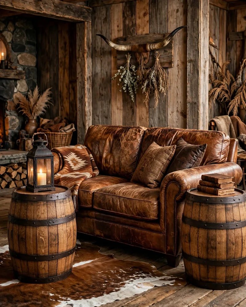 Barrel-Turned Wood Side Tables - 16 Western Living Room Decor Ideas With Rustic Charm