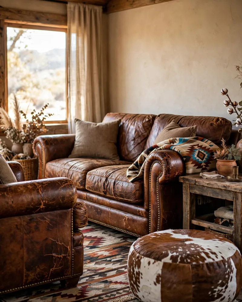 Worn Leather Sofa Anchors Western Living Room Furniture - 16 Western Living Room Decor Ideas With Rustic Charm