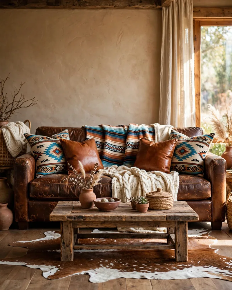 Southwestern Throw Pillows and Wool Blankets - 16 Western Living Room Decor Ideas With Rustic Charm