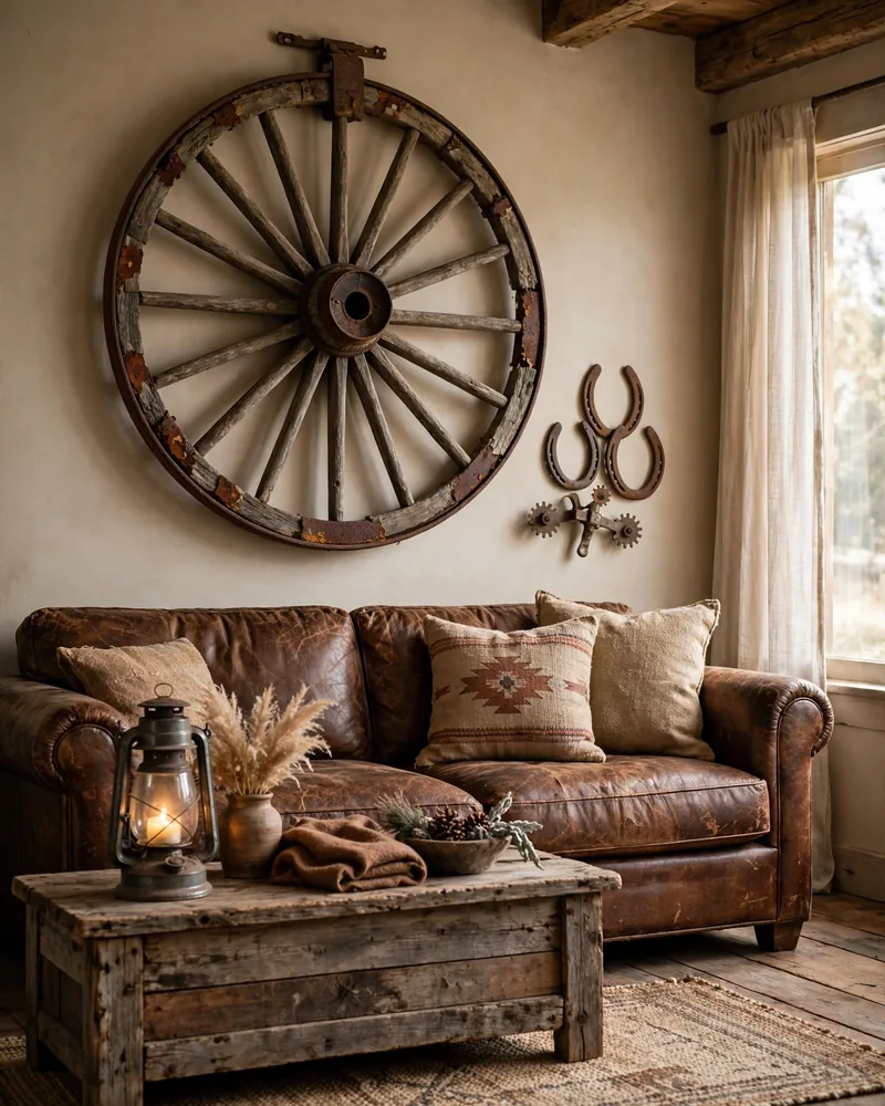 Wagon Wheel Wall Decor - 16 Western Living Room Decor Ideas With Rustic Charm