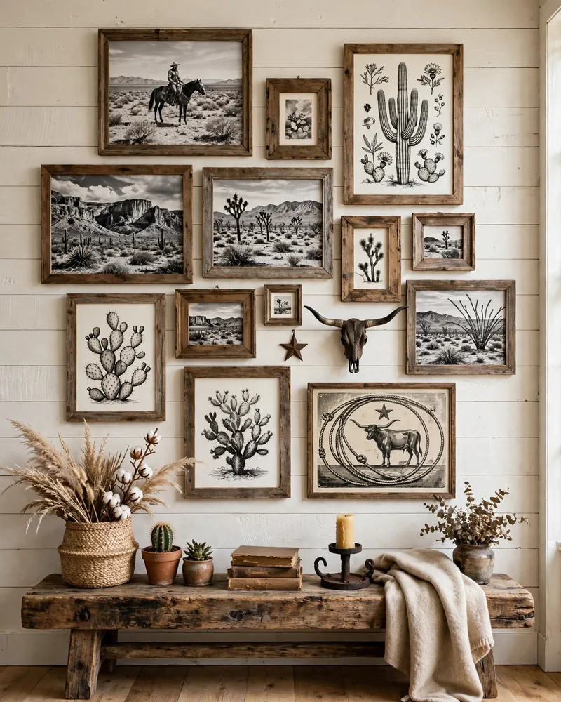 Western Farmhouse Gallery Wall - 16 Western Living Room Decor Ideas With Rustic Charm