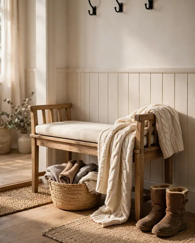 Set Out a Winter Entryway Bench With a Chunky Knit Throw - 14 Winter Entryway Decor Ideas for a Warm Welcome