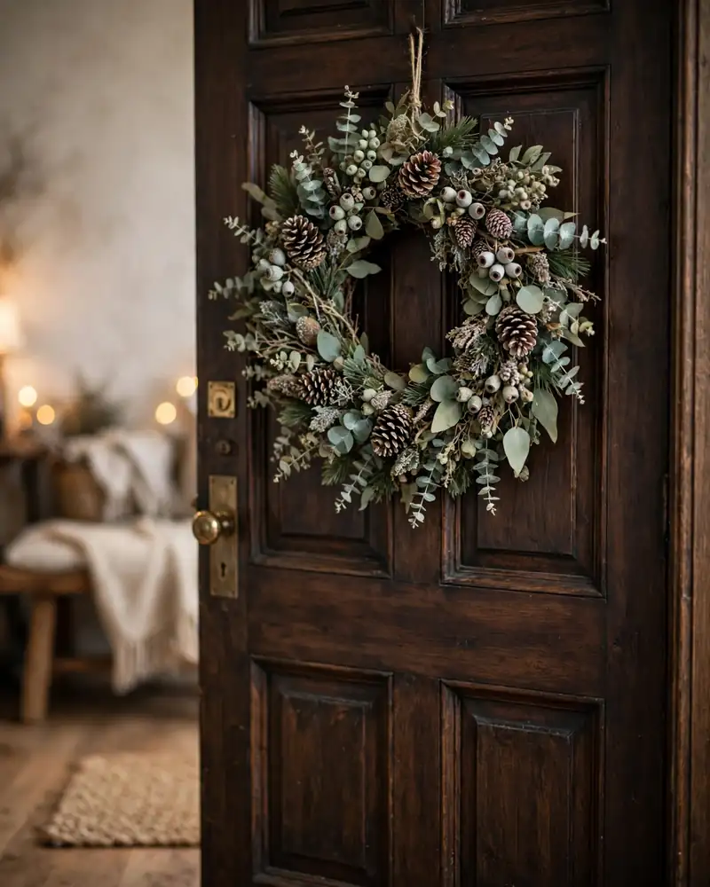 Drape the Stair Rail With Eucalyptus Garland - 14 Winter Entryway Decor Ideas for a Warm Welcome