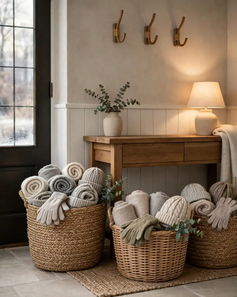Stash Scarves and Gloves in Woven Baskets - 14 Winter Entryway Decor Ideas for a Warm Welcome