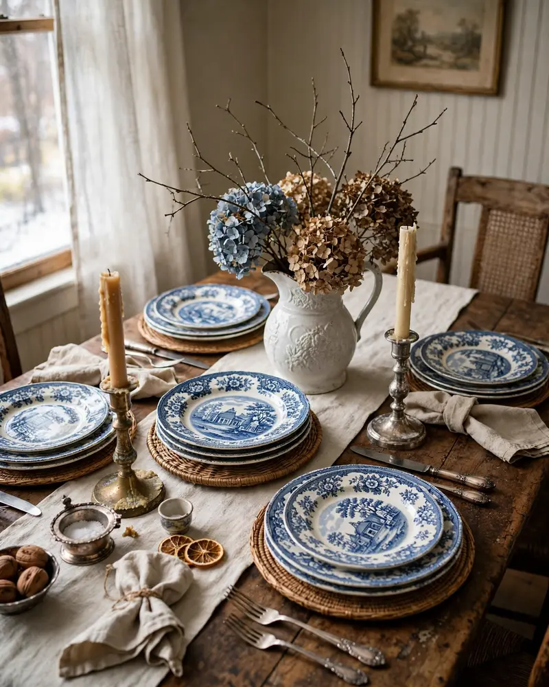 Collected Antique Winter Table with Thrifted China - 16 Winter Tablescape Ideas for a Cozy Seasonal Gathering