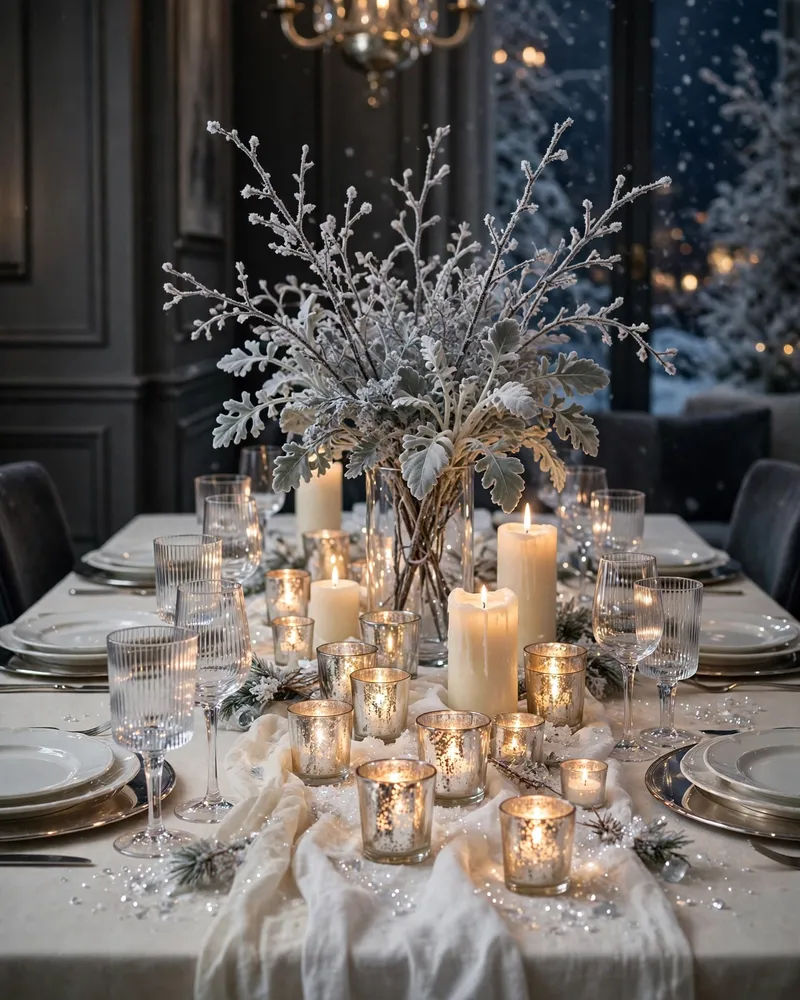 Icy Glam Winter Tablescape with Mercury Glass - 16 Winter Tablescape Ideas for a Cozy Seasonal Gathering