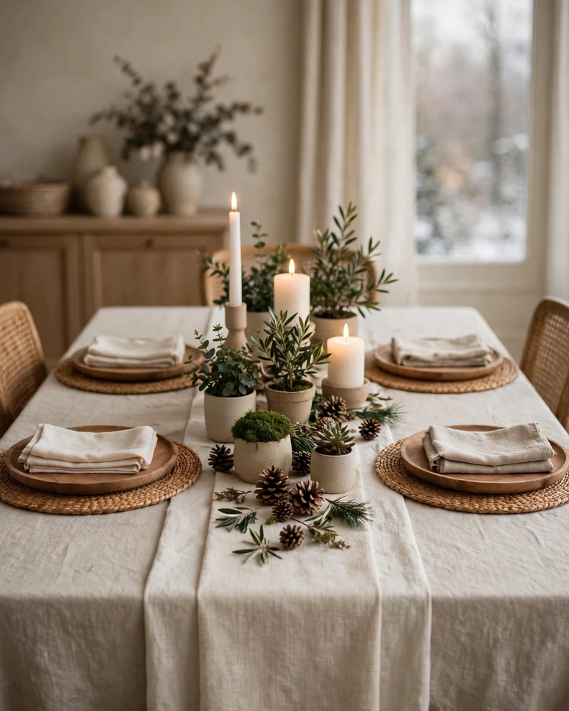 Neutral Winter Tablescape with Linen and Candlelight - 16 Winter Tablescape Ideas for a Cozy Seasonal Gathering