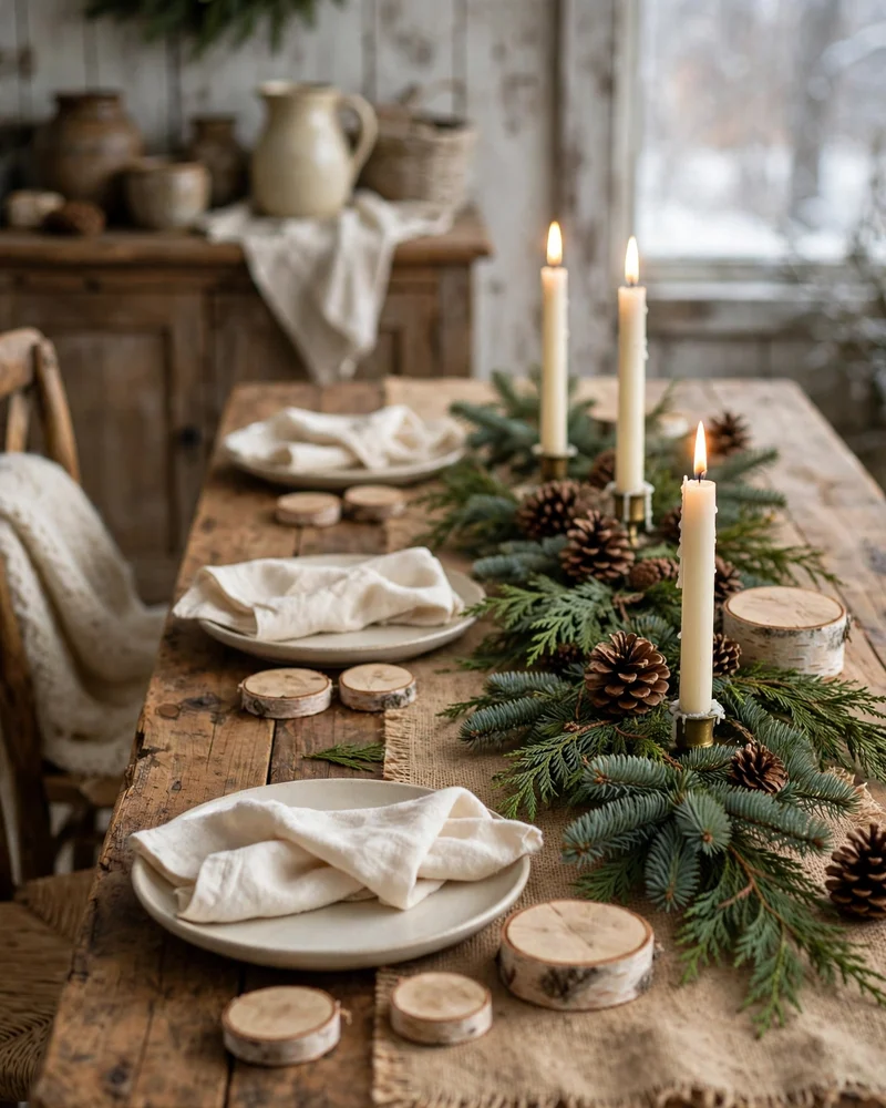 Rustic Winter Table Decor with Pinecones and Birch - 16 Winter Tablescape Ideas for a Cozy Seasonal Gathering