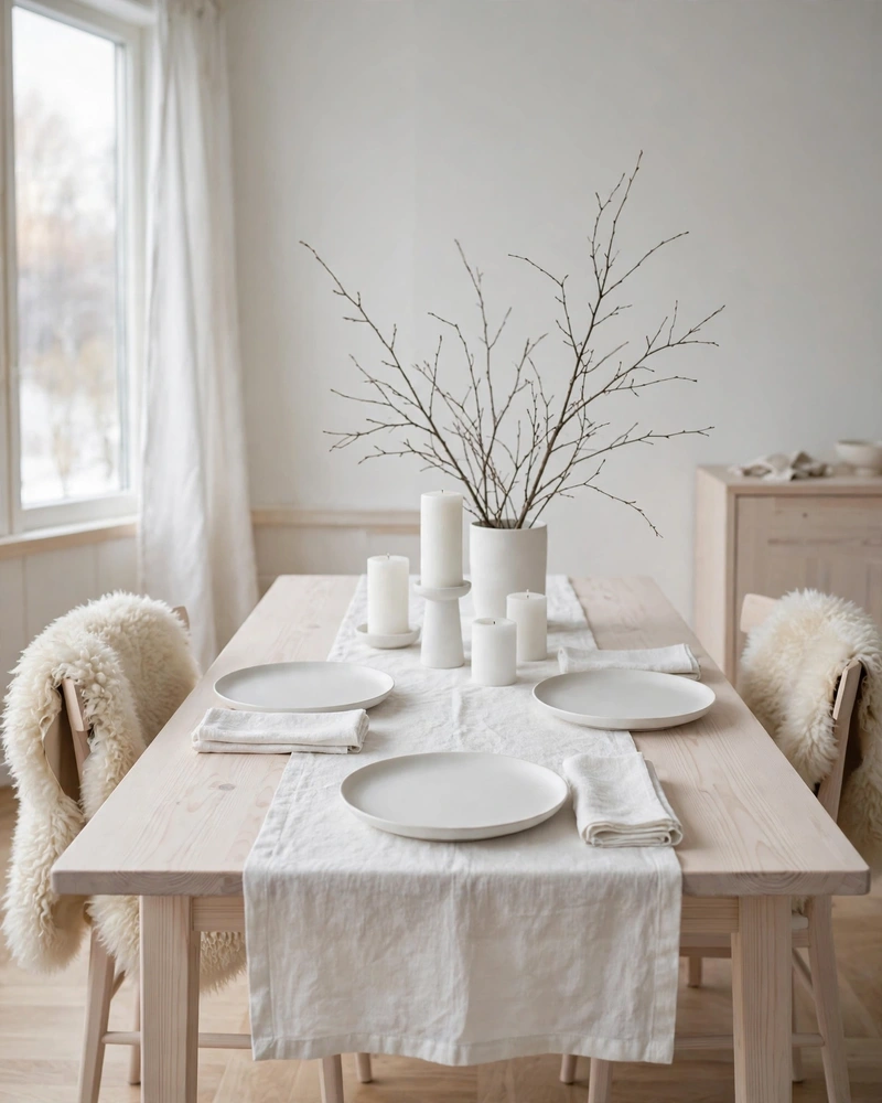 All-White Scandinavian Winter Tablescape - 16 Winter Tablescape Ideas for a Cozy Seasonal Gathering