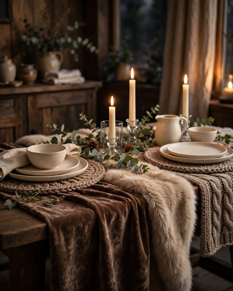 Cozy Velvet and Knit Winter Table Setting - 16 Winter Tablescape Ideas for a Cozy Seasonal Gathering